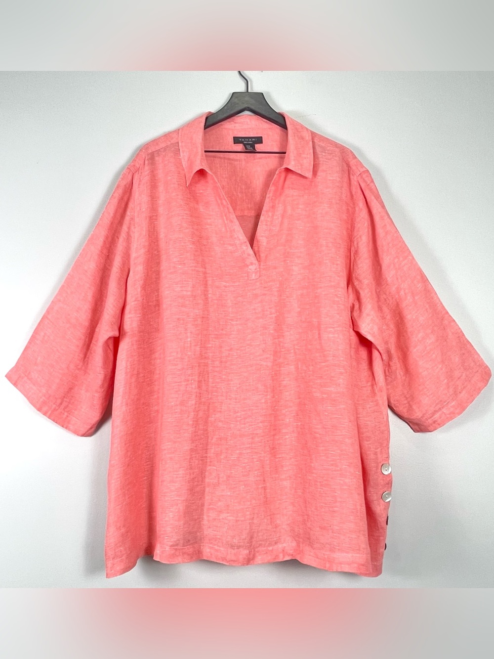TAHARI Women's 100% Linen Pullover Collared 3/4 Sleeve Tunic Orange Coral Sz. 3X
